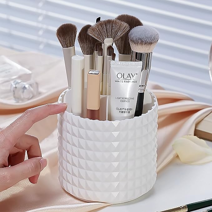 Anyoifax Makeup Brush Holder Organizer 360°Rotating Make Up Brushes Container for Vanity, Spinning Cosmetics Storage Cup, Masonite White