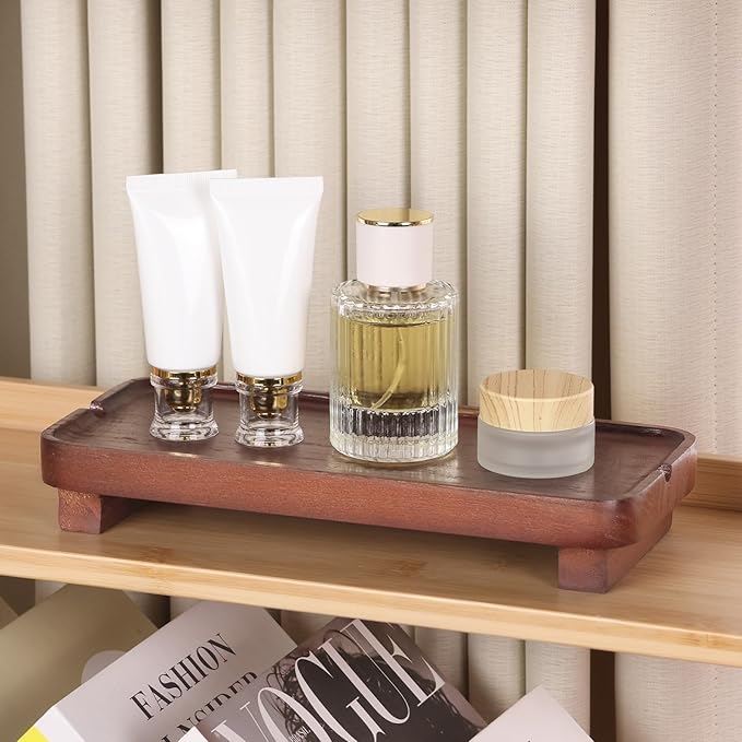 Wood Riser Small Decorative Tray Sink Soap Dish, Vanity Tray Pedestal Stand 10 x 4.5 inches (Dark Brown)