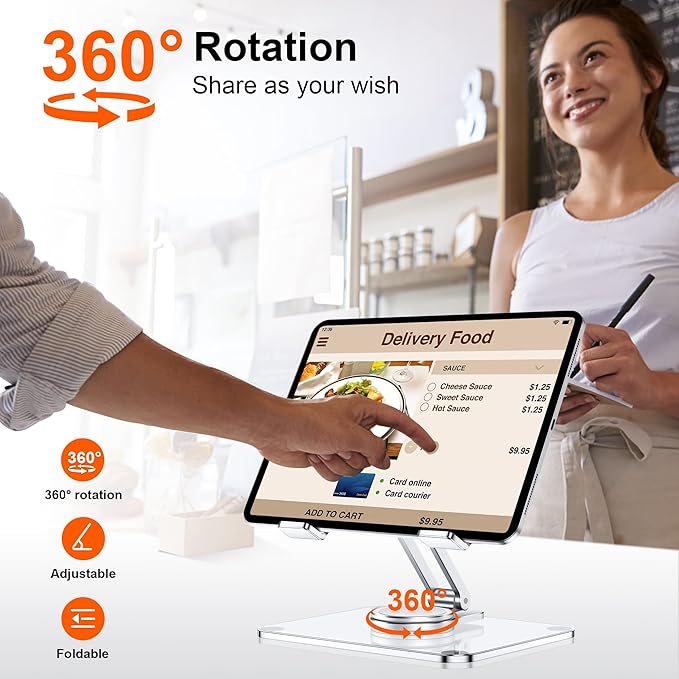 CreaDream Acrylic Tablet Stand Holder with 360 Rotating Base, Foldable Adjustable Transparent Tablet Holder for Desk Home Office, Compatible with iPad Pro Air Mini and More, Clear