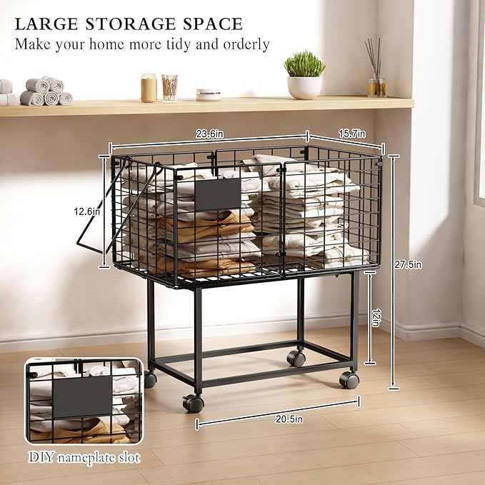 Wire Laundry Hamper, 80L Rolling Laundry Basket Cart on Wheels, Dirty Clothes Basket with Handle, Metal Clothes Hamper Organizer for Laundry Room, Bathroom, Bedroom, Dorm, Black