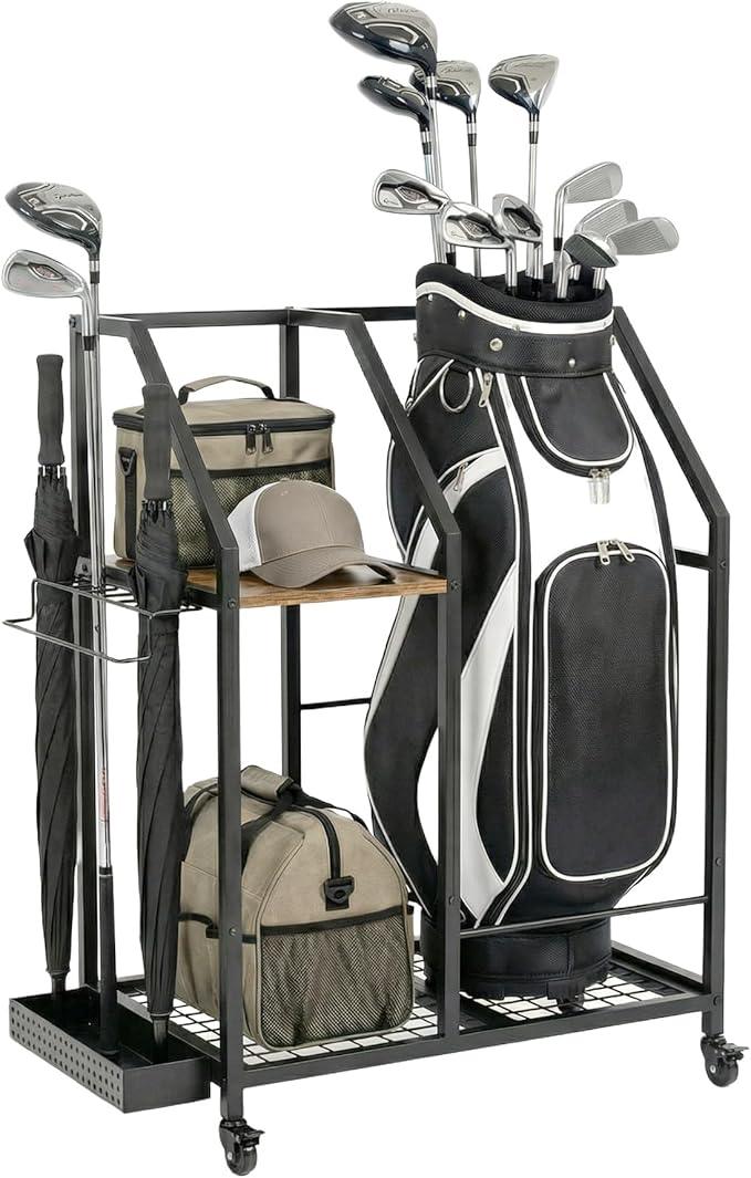Golf Storage Organizer for Garage, Golf Bag Storage Rack with Wheels, Mobile Golf Club Rack for Garage, Heavy Duty Golf Bag Holder Stand with Rolling Wheels & Multi Storage