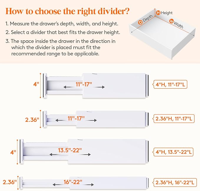 Lifewit 4 Pack Drawer Divider 4" High,11-17" Drawer Dividers for Clothes, Adjustable Clothing Drawer Organizers, Expandable White Dresser Drawer Separators for Bedroom, Bathroom, Vanity, Office