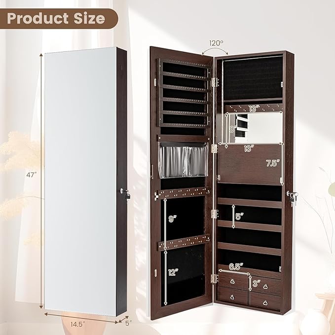 LDAILY 47” LED Jewelry Armoire, Door/Wall Mounted Mirror w/Storage, 4 Shelves, 4 Drawers, Full Length Mirror & Flip-up Makeup Tray, Lockable Jewelry Organizer Cabinet for Women & Girls, Gift (Coffee)