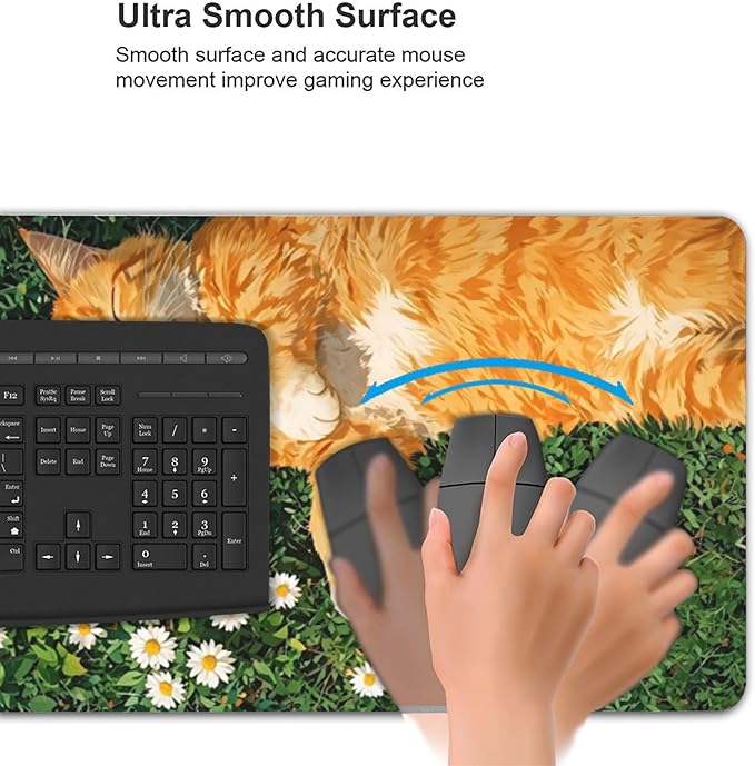Cozy Cat Large Mouse Pad, Grass Daisy Gaming Desk Mat, XXL Keyboard Desk Pad Mat for Desktop, 35.4"x15.7" Non-Slip Base Big Mousepad with Stitched Edges