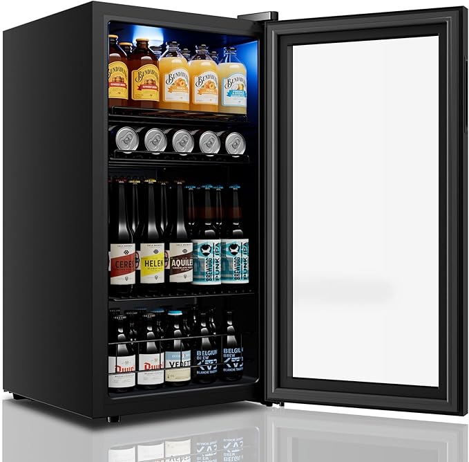 Yeego Beverage Refrigerator Cooler, 105 Cans Drink Fridge with Glass Door for Soda Beer or Wine, Beverage Cooler with 34°F-54°F Digital Temperature Control for Home, Office, Bar (Black)