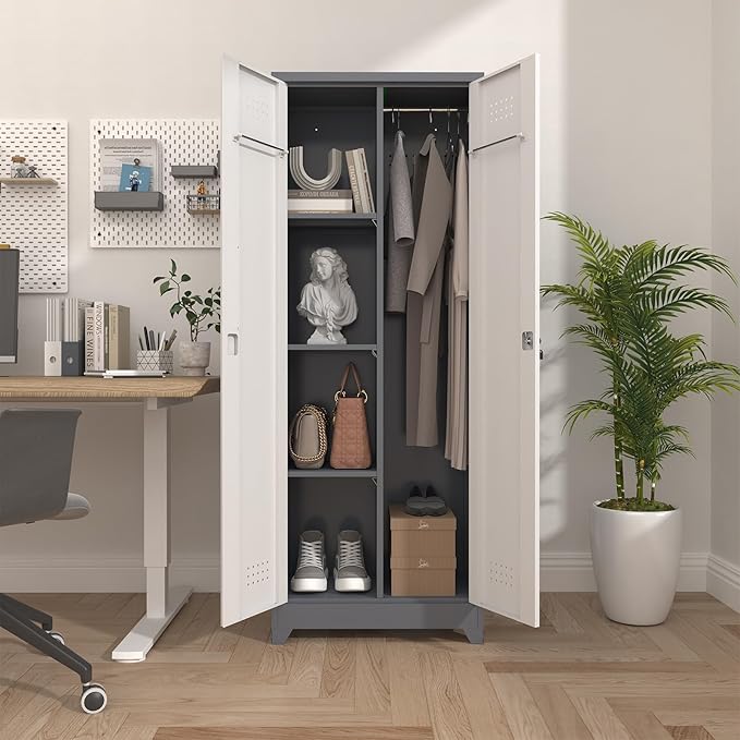 Broom Closet, Metal Storage Cabinet with Hanging Rod, 65" Broom Tool Organizer, Metal Cabinet with Doors and Shelves, Tall Cleaning Storage for Home, Office, Garage, Balcony