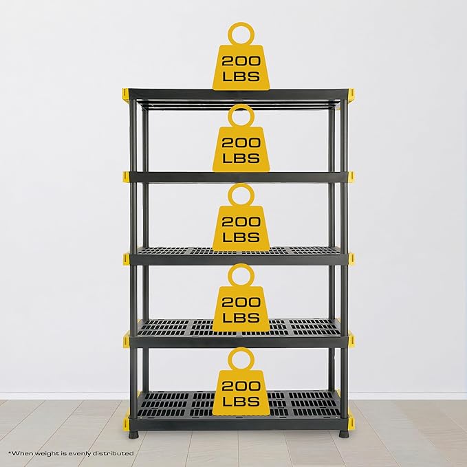 CX Black & Yellow, 5-Tier Heavy Duty Plastic Storage Shelving Unit, 200lbs/shelf (72”H x 48”W x 20”D), for Garage Storage, Warehouse & Basement Use, Modular Rack
