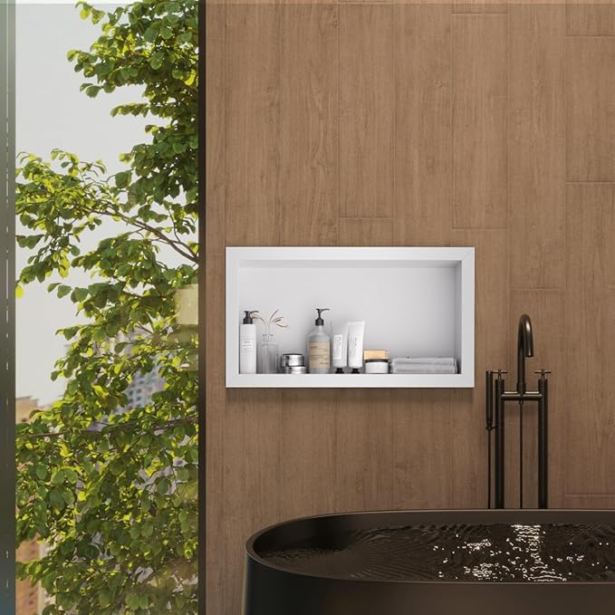 12" x 24" Stainless Steel Shower Niche, Single Waterproof Shelves, No-Tile Needed Bathroom Organizer, Rustproof Wall Shelf for Shampoo, Soap & Toiletries, White