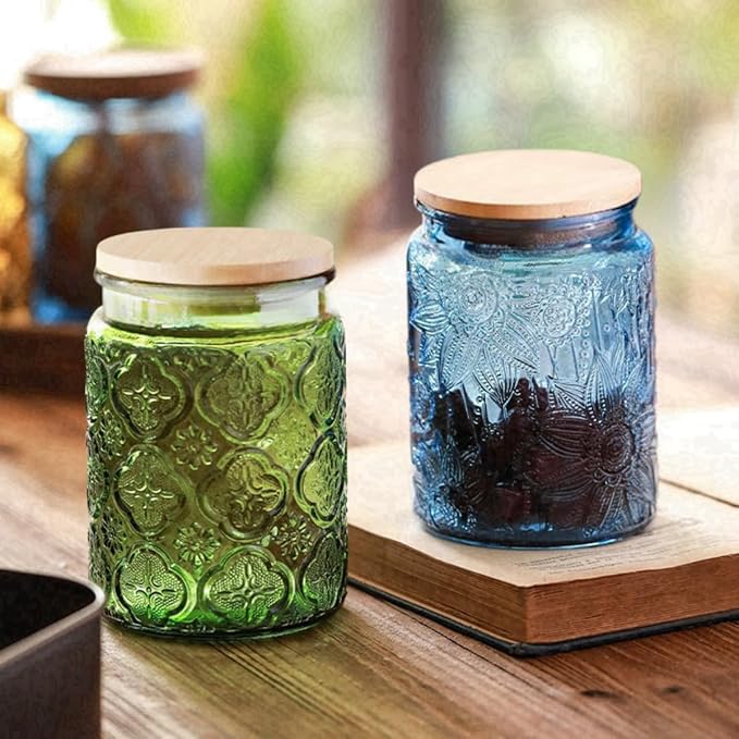ANSQU Set of 2 Vintage Glass Canister, 23.7oz Candy Jars with Lids, Vintage Colored Mason Jar for Kitchen Decorative Jars for Coffee Tea Cookies, Cute Jar (Blue & Green)