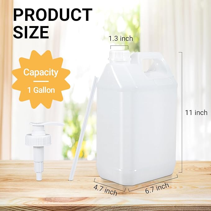 1 Gallon Plastic F-Style Jug (4-Pack) Reusable Food-Safe, Heavy-Duty HDPE Containers for Water, Sauces, Soaps, Detergents, Honey Liquids with Screw-On Cap and Pump Cap (Translucent, 1 Gallon)