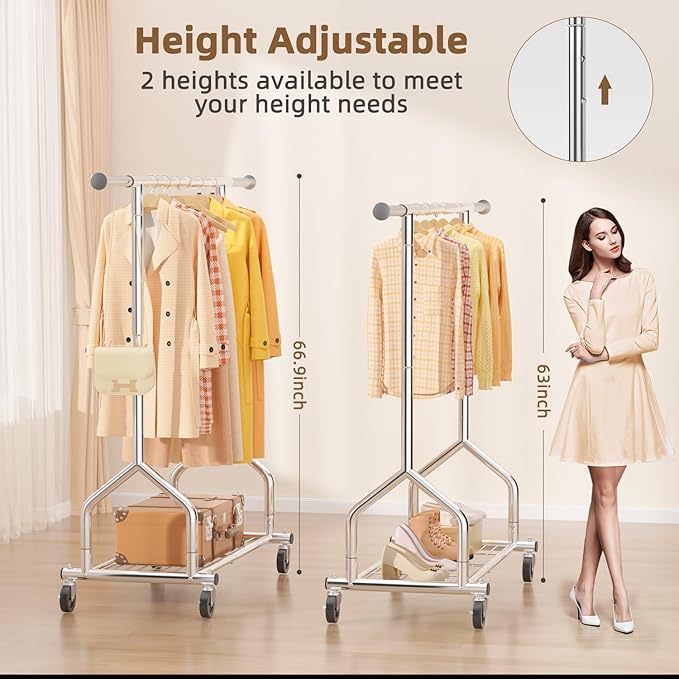 EAGMAK Heavy Duty Clothes Rack Load 424 LBS, Rolling Clothing Rack With Shelves, Adjustable Metal Clothes Hanger with Wheels, Portable Wardrobe Organizer Garment Rod for Hanging Clothes (Silver)