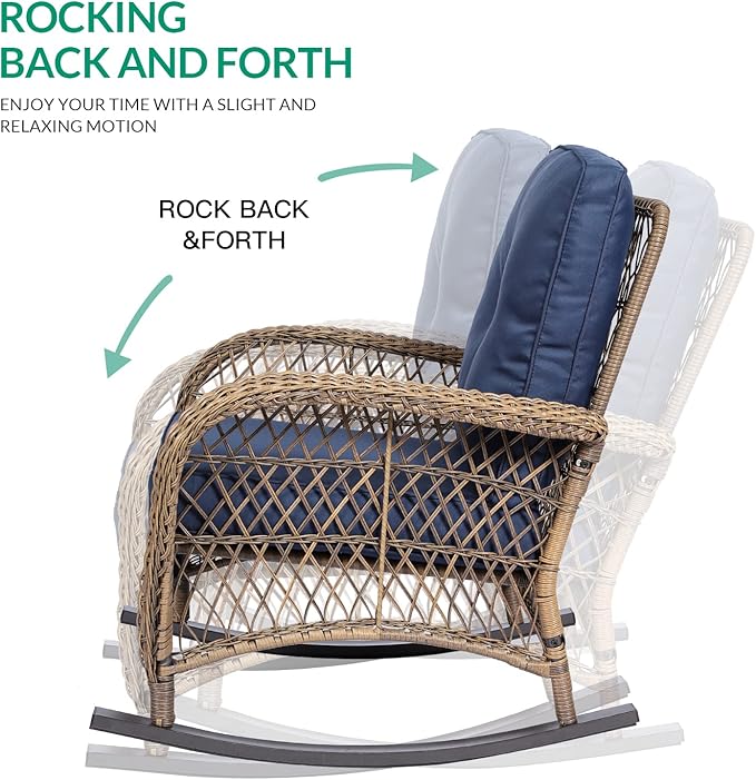 VIVIJASON 3-Piece Outdoor Conversation Bistro Set, Patio Wicker Rocking Chairs Rattan Furniture Sets w/ 2 Rattan Chairs, Cushions, Glass Top Side Table for Garden Porch Backyard (Navy Blue)