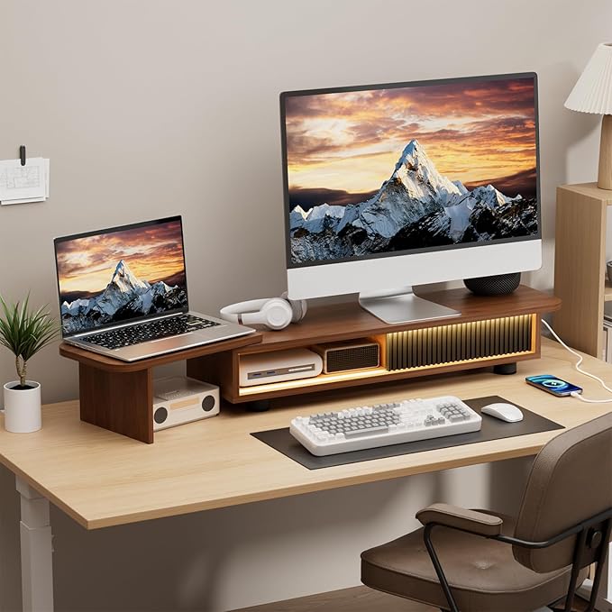 Artswish Monitor Riser Stand with Charging Station & RGB Light, Adjustable Angle Dual Monitor Stand for Desk, Computer Desk Shelf with Sliding Door, Desk Organization for Top of Desk, Walnut cOLOR