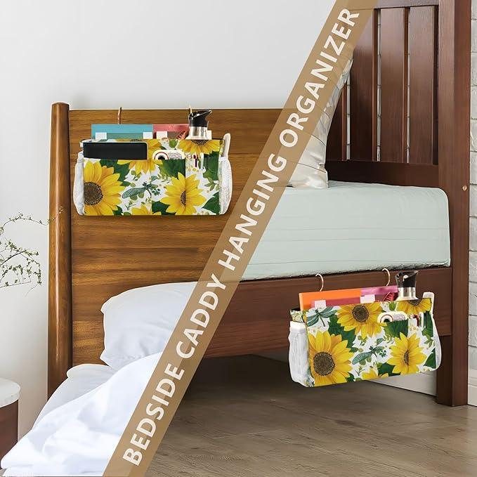 Cute Yellow Sunflowers and Dragonflies Bedside Caddy for Dorm Bed Bedside Hanging Caddy Bag Iron Frame Storage Organizer Pocket for Bunk Home College Hospital Beds 2 Hooks