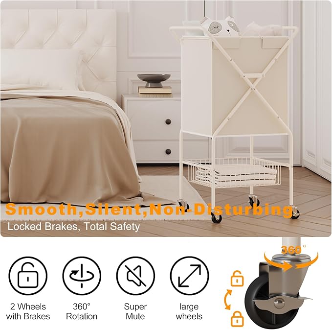 Laundry Basket with Wheels:88L Rolling Laundry Cart Foldable Metal Frame Dirty Clothes Laundry Hamper 36"H 4 Caster 2 Brake Waterproof Removable Liner Carry Handle for Dorm Laundry Room,Cream