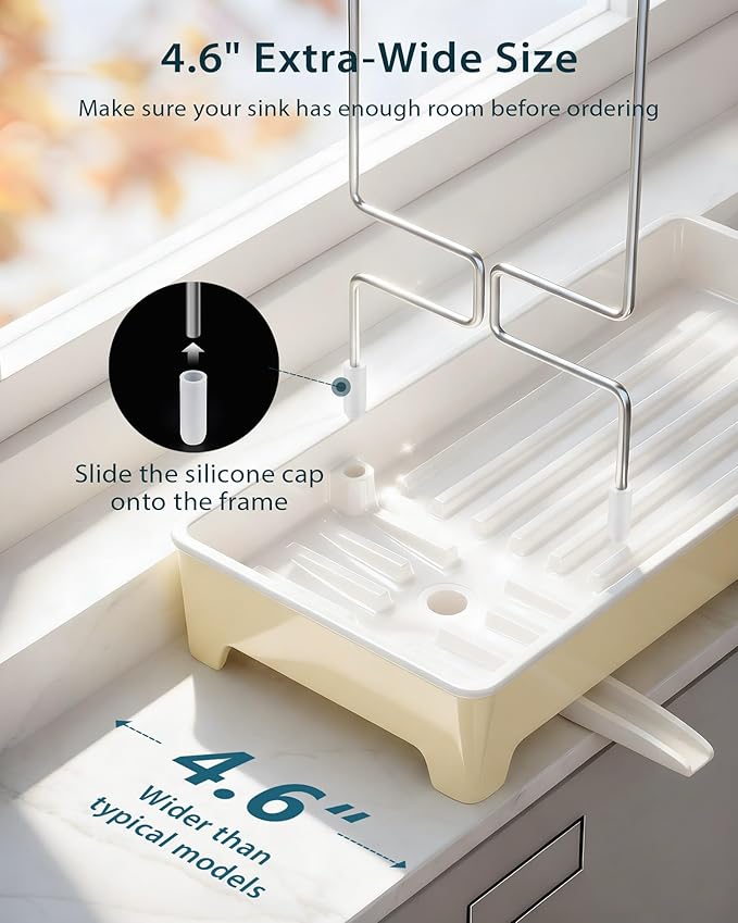 Ceramic-Look Sink Caddy, Rustproof Sponge Holder for Kitchen Sink with 304 Stainless-Steel Brush Holder, Countertop Rack Organizer with Raised Ridges & Silicone Drain Tube (Pastel Yellow)