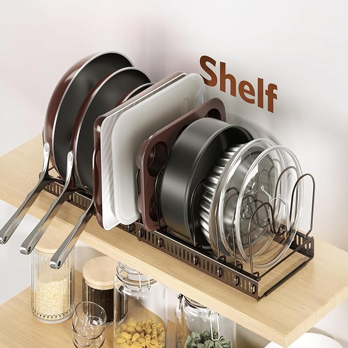 ORDORA Pots and Pans Organizer under Cabinet with Pan Holder: Expandable 11.8"-22.8" Kitchen Cabinet Organizer Rack, 12 Adjustable Dividers Storage for Cookie Sheets, Cutting Boards & Lid, Bronze