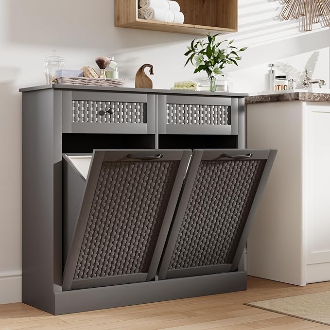 Double Tilt Out Laundry Hamper Cabinet,10 Gallon Laundry Cabinet with Drawers ＆ 2 Hidden Baskets, Farmhouse Storage Basket for Laundry Room, Bathroom, Kitchen, Gray