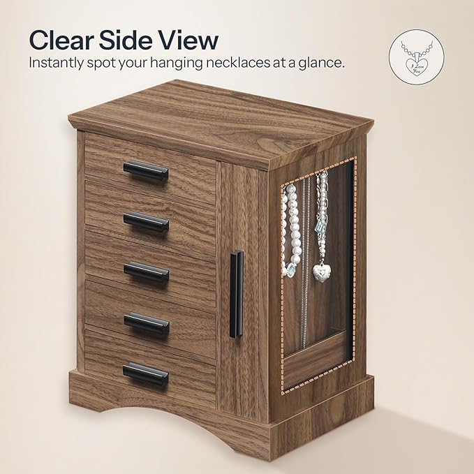 HOOBRO Jewelry Box for Women, Jewelry Organizer with Arc-Shaped Bottom, Wooden Jewelry Box, Side Transparent Window, Vertical Storage, for Earring, Necklace, Bracelet, Ring, Walnut and Black BH13JB04