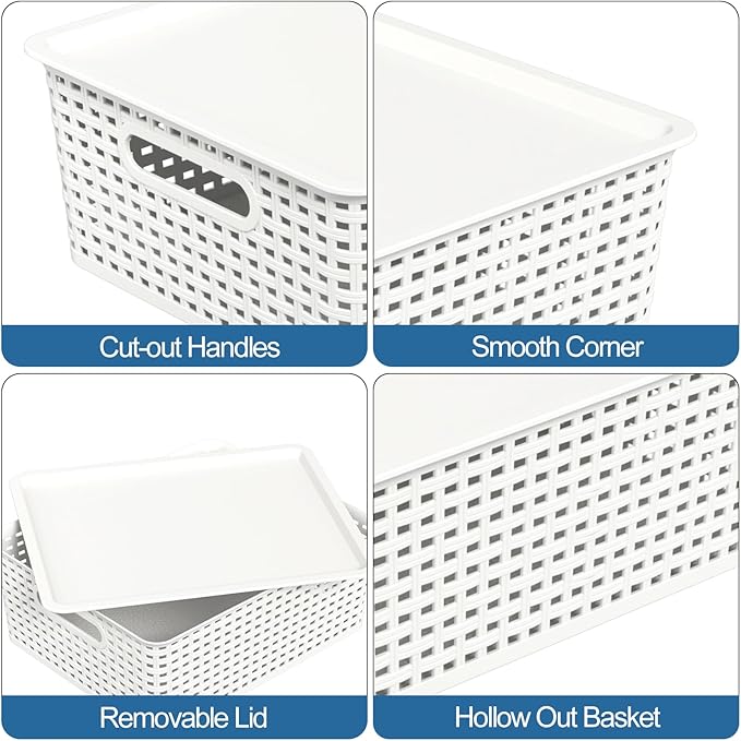 Hespama 6-Pack Plastic Weave Storage Basket with Lid, Stackable Organizer Basket, White