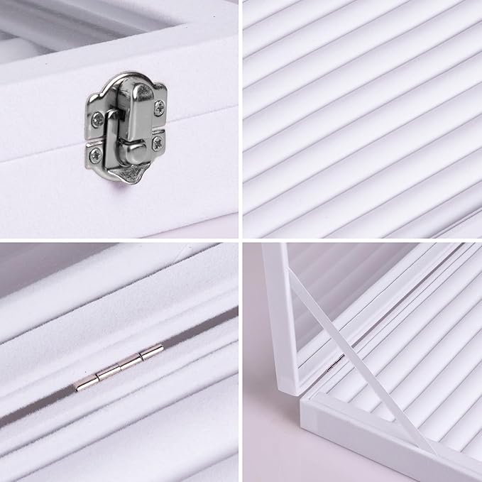 Frebeauty Rings/Earrings Organizer Tray with Clear Lid 10 Slots Velvet Drawer Insert Jewelry Storage box Transparent Glass lid Jewelry Display Case Showcase Gift for Girls Women (White, 10 Slots)