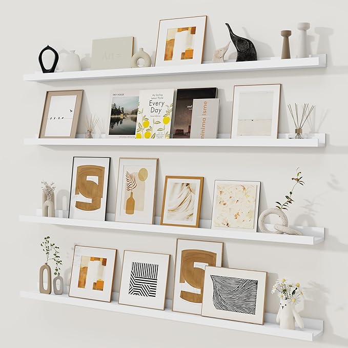 Fun Memories Picture Ledge Shelf, White Floating Shelves Set of 4, 48 Inch Picture Shelves for Wall with Ledge, Large Nursery Book Shelf for Toys Storage, Living Room, Bedroom Decor Frames