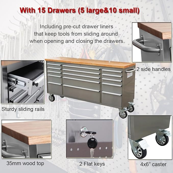 2 Pack - 72" Stainless Steel Rolling Tool Chest with 15 Drawers + 3 Upper Cabinets, Lockable Storage Cabinet, Large Mobile Workbench, Tool Box with Wheels for Garage (1 × HTC7218W1 + 1 × HTC7215W1)