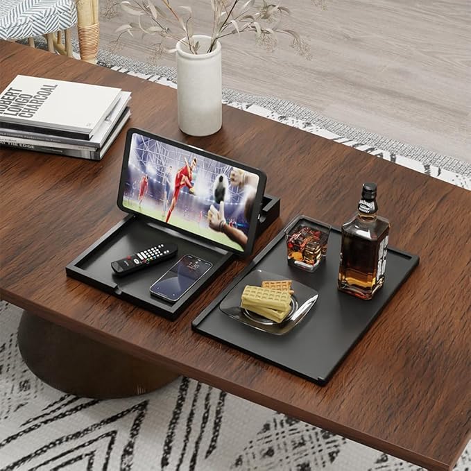 Black Couch Cup Holder Tray - 2 in 1 Couch Armrest Table with Be Slide-Away Detachable Double Holder - Foldable Sofa Armchair Caddy for Drinking Snacks iPad TV Remote