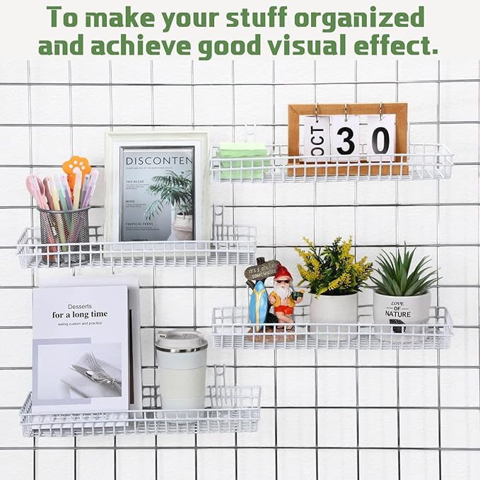 Blulu 4 Pcs 15.75 x 5.91 x 1.97 Inch Metal Grid Wall Baskets with Hooks Grid Wall Shelves Hanging Wire Basket Multi Function Storage Organizer for Kitchen Organizing Display (White)