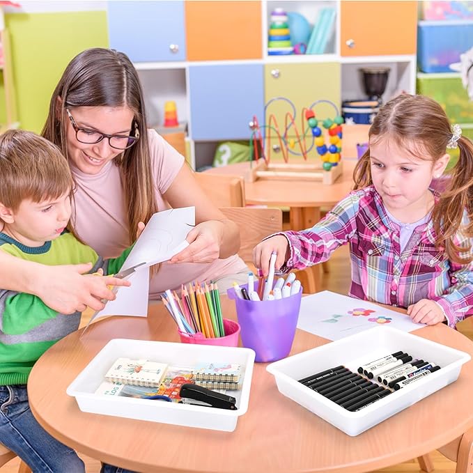 Turn in Trays Classroom, 6 Pack White Paper Trays for Classroom with Colorful Labels, Thick Plastic Storage Bins,Paper Bins for School, Office Organization, Letter Size Flat Storage Tray