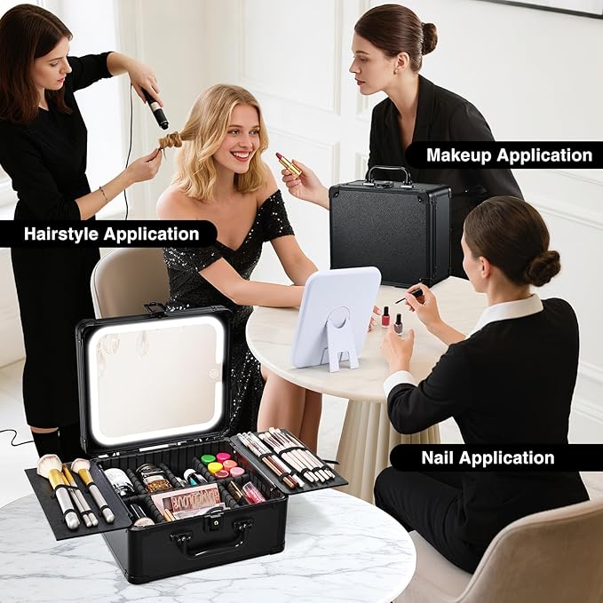 Makeup Case with Magnetic Lighted Mirror Makeup Organizer Box Travel Cosmetic Case with 3 Colors LED Mirror Portable Vanity Make up Suitcase with Lockable Keys Dividers Brush Holder, Black