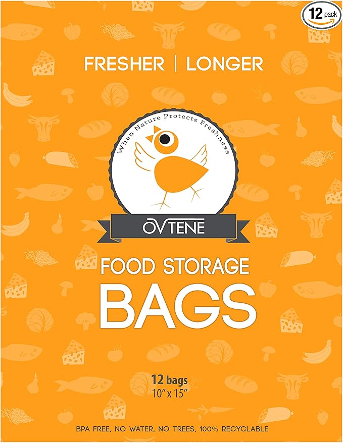 Food Storage Bags for Cheese, Meat, and Produce - Keeps Food Fresher Longer (12 Large Bags 10”x15”)