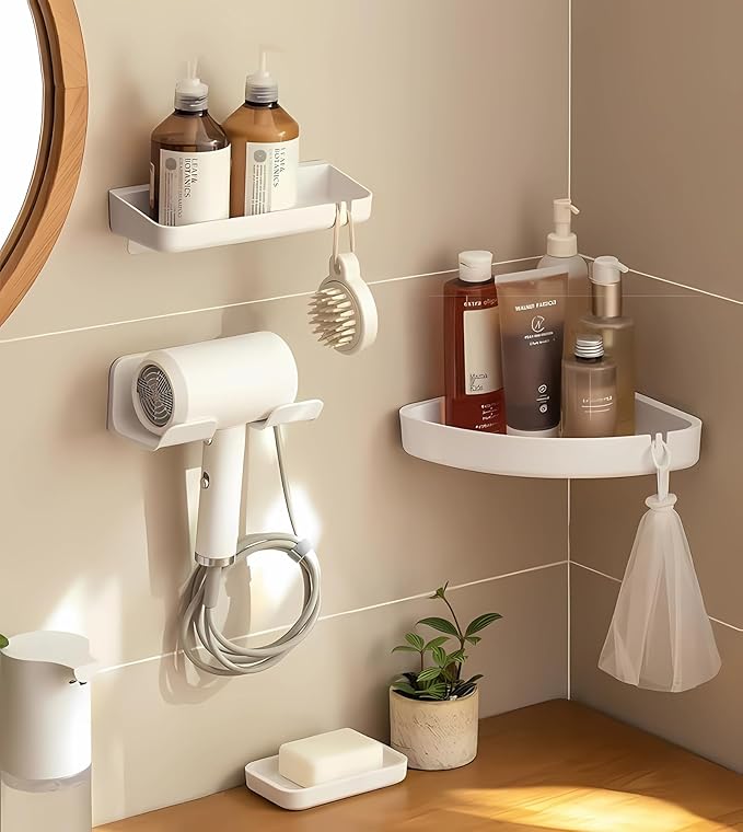 Universal Hair Dryer Holder, Blow Dryer Hanger Wall Mount for Hair Dryer Hook with Plug&Cord Organizer Self Adhesive for Cabinet Bathroom(1 Pack White)