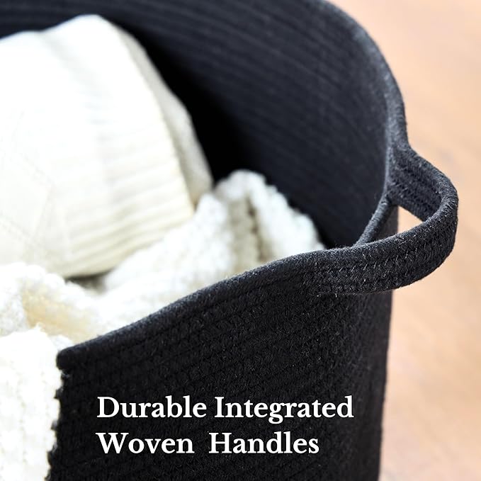 Luxury Little Extra Large Nursery Storage Basket, 22 x 22 x 14 inches - 100% Cotton Rope Baskets with Handles, Blanket Basket for Toys, Blankets & Pillows - Inner Black