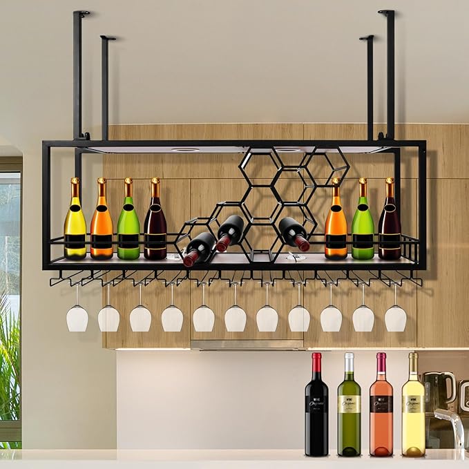 Metal Hanging Wine Rack, Metal Bar Liquor Bottle Display Shelf Wall Wine Storage Rack (120x30x40cm Black)