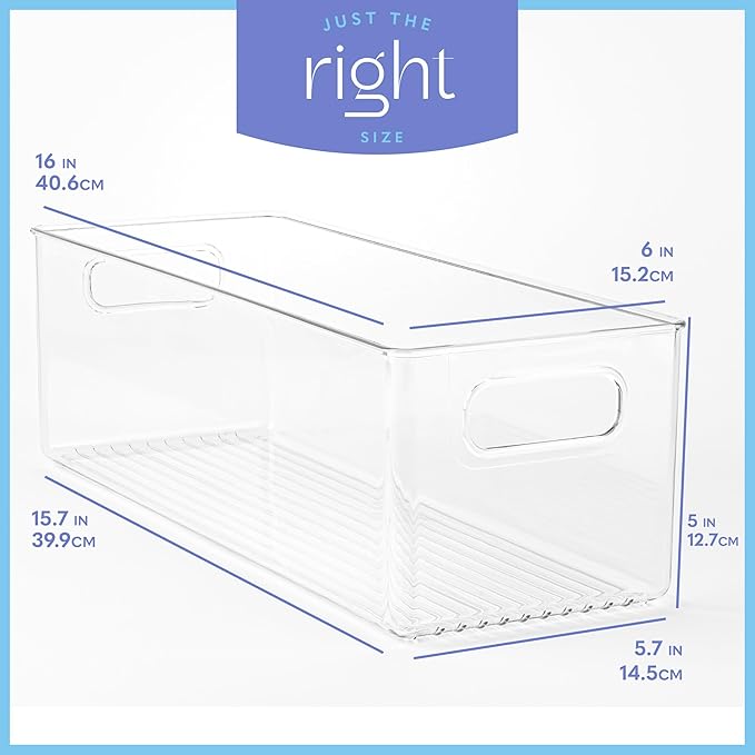 primebox Plastic Food Storage 2 Pack Clear Container Bin with Handles for Organizing Kitchen, Pantry, Refrigerator, Freezer, Pantry, Cabinet, Closet, Bathroom. 16”x6”x5”