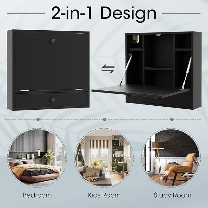 Tangkula Wall Mounted Desk, Folding Floating Wall Mount Laptop Desk, Space Saving Wall Mounted Table with Storage Drawer & Shelves (Black)
