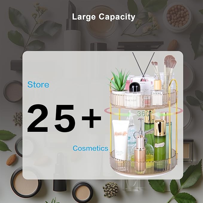 360 Rotating Makeup Organizer - Large Capacity Spinning Perfume & Cosmetic Skincare Holder for Vanity & Countertop (Vibrant Orange, 2 Tier)
