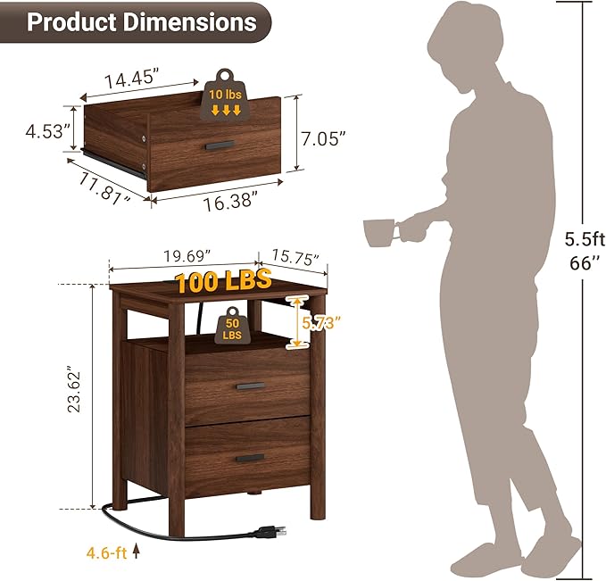 Night Stand with Charging Station, 20" Large Modern Side Table with Solid Round Post Legs, 2 Drawers Nightstand with Open Shelf, End Table/Bedside with Storage for Bedroom, Walnut
