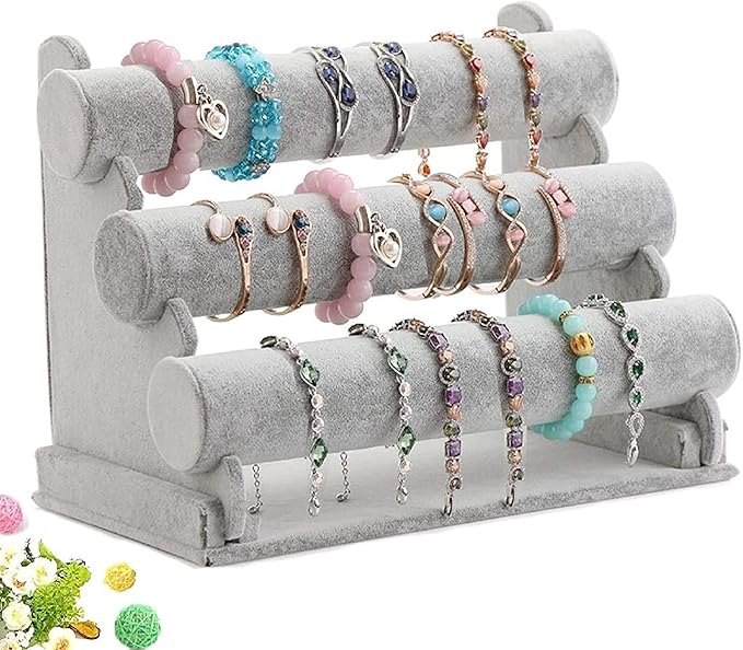 Wudygirl Triple Bracelet Holder Velvet Jewelry Display Stand Watch Bangle Bar Necklace Storage Organizer Gray (Ice Velvet 3 Tier)