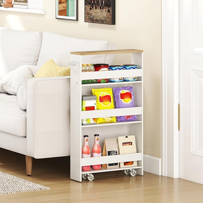 Small Kitchen Cart, 4-Tier Slim Rolling Island w/Handle, Laundry Room Storage Organizers Between Washer and Dryer, Narrow Spice Rack on Wheels Next to Fridge (White & Natural, 5'')