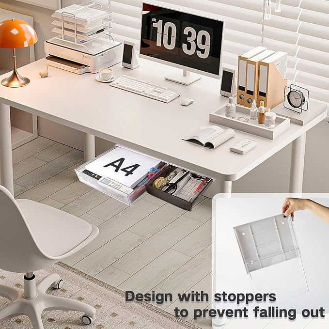 OSPNIEEK Self-adhesive Under Desk Drawer Organizer, 2 Pack Table Hidden Slide Out Large Storage Mounted Desktop Pencil Holder Tray Drawers for Office Home School Stationery Kitchen (XL+L, White)