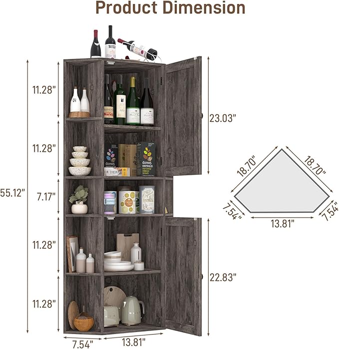 Farmhouse Corner Cabinet, Tall Corner Storage Cabinet with Barn Doors and Adjustable Shelves Wooden Display Bookshelf Pantry Cabinets Organizer Home Furniture for Bathroom, Living Room