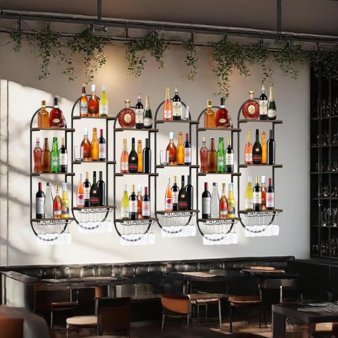 Wall Mount Wine Rack, 3-Tier Metal Oval Design Wine Rack Wall Mounted, Wine Bottle Holder for Home Bar, Wine Kitchen Storage Liquor, Champagne(Black, 2PCS)