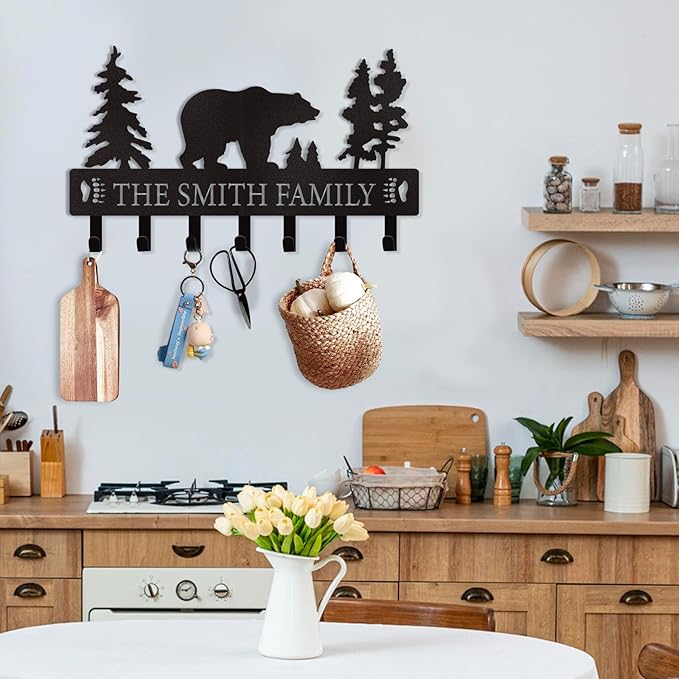 Personalized Key Holder for Wall, Custom Metal Black Bear Coat Hook Key Holder with Name, Metal Key Rack Hanger Organizer for Entryway, Front Door, Hallway, Kitchen, Office Decor