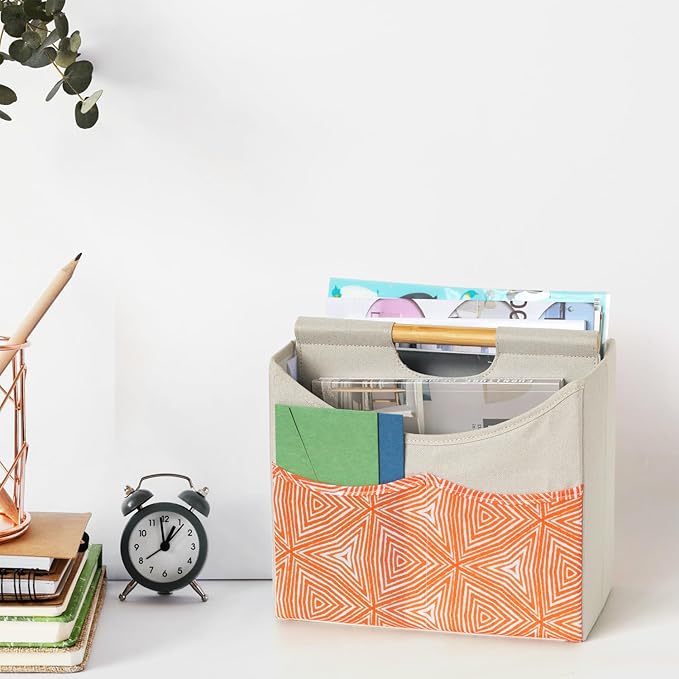 EZDeco Magazine Holder,Boho Foldable Magazine Rack Storage Basket with Bamboo Handles,Holds Multiple Magazines with 3 Pockets,Magazine Basket for Home Office Book,File, Newspaper