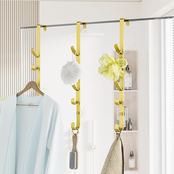 Over The Door Hooks, Metal Door Hooks for Hanging, Over The Door Purse Organizer for Door Coat Hanger, Back of Shower for Hanging Towel Rack Clothes, Hat, Bathroom, Closet (Gold-3Packs)
