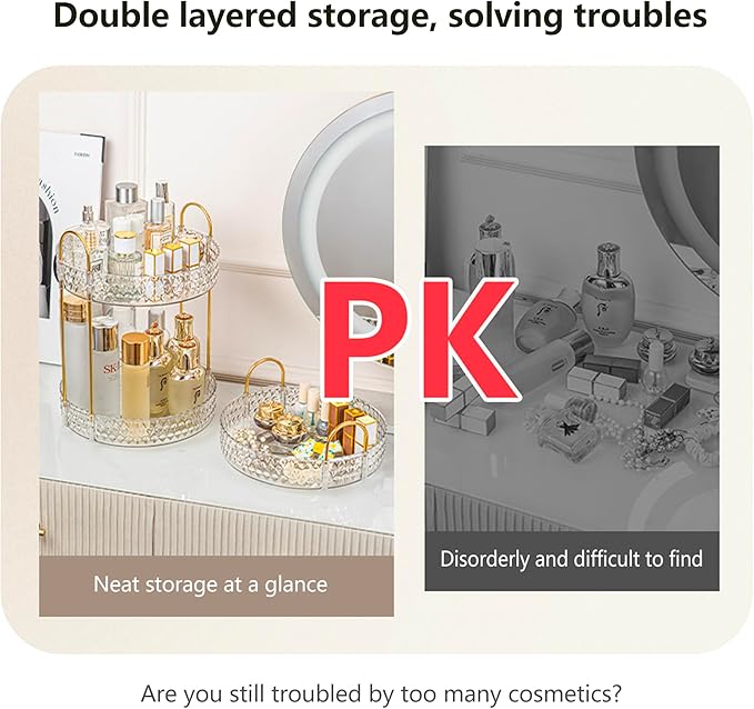 Double Layered Glass Tray with Golden Handles, Circular Decorative Storage Rack, Cosmetics, Dining Table, Bathroom, Bedroom, attic, Outdoor Small Items are Easy to find