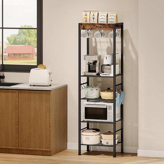 5-Tier Pot Rack, Floorstanding Pots and Pans Organizer, Kitchen Bakers Rack, Kitchen Island Table, Pots and Pans Organizer, Storage Stand, for Living Room, Rustic Brown and Black TPR16BF