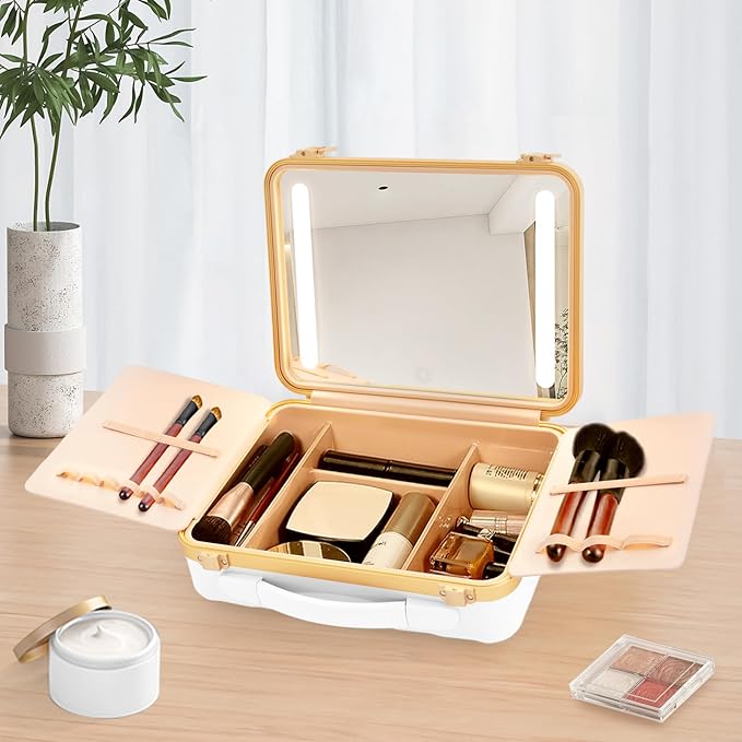 Portable Makeup Box, 11.42 * 3.54 * 8.66 In Travel Makeup Train Cases Cosmetic Organizer Portable Make Up Storage Box with Led Mirror for Makeup Artists Hair Stylists Nail Technicians (White)
